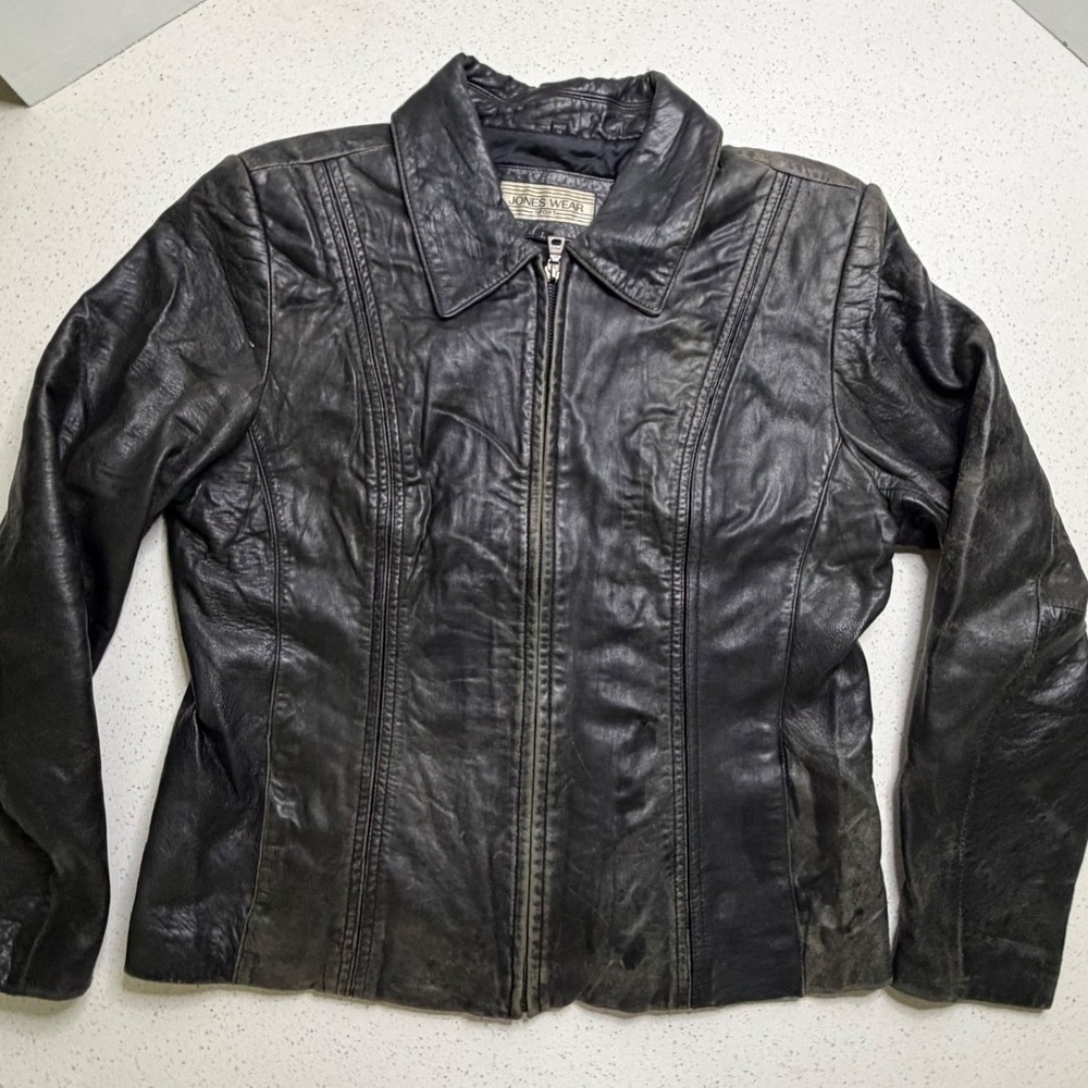 Jones Wear Sport Black Leather Jacket Womens Large Full Zip Vintage Collared